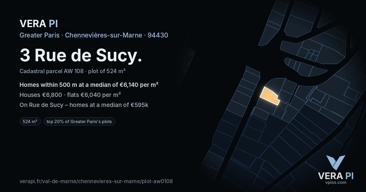 3 Rue de Sucy, Chennevières-sur-Marne at night – the plot lit, the parcels around coloured by the prices near them