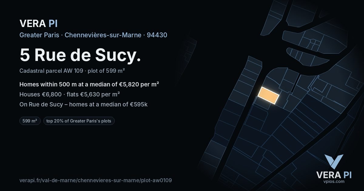 5 Rue de Sucy, Chennevières-sur-Marne at night – the plot lit, the parcels around coloured by the prices near them