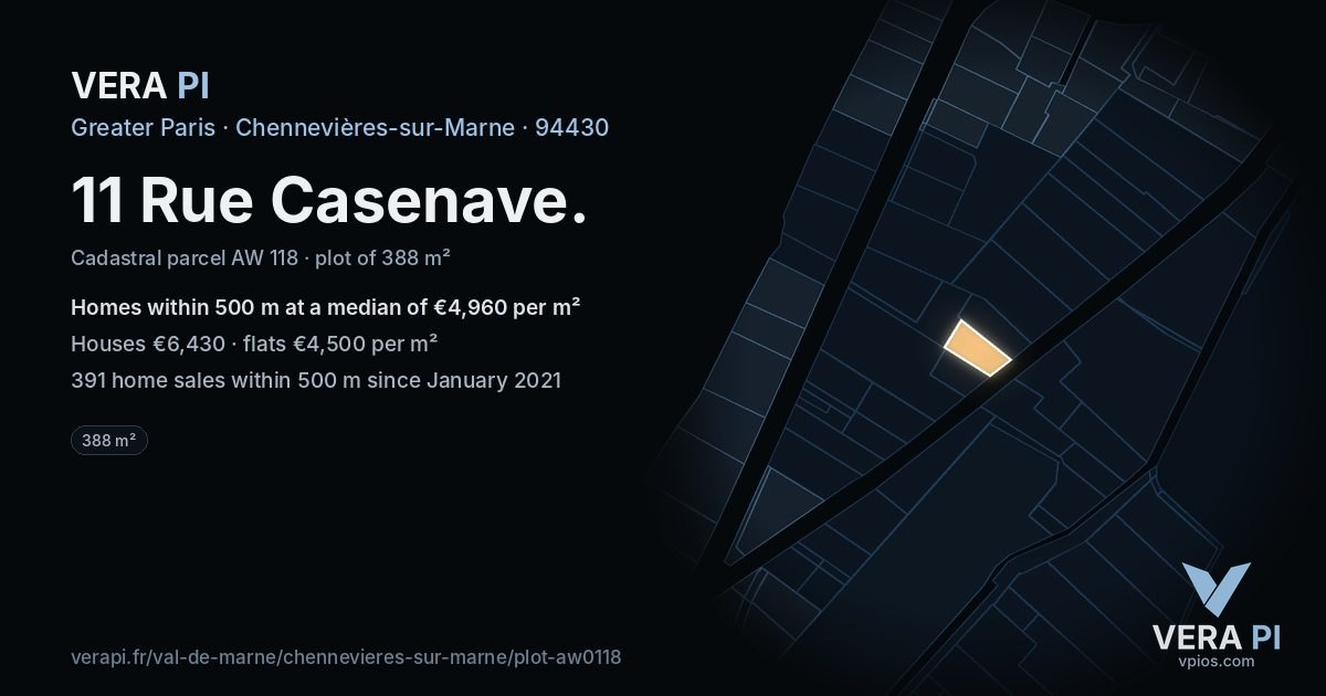 11 Rue Casenave, Chennevières-sur-Marne at night – the plot lit, the parcels around coloured by the prices near them