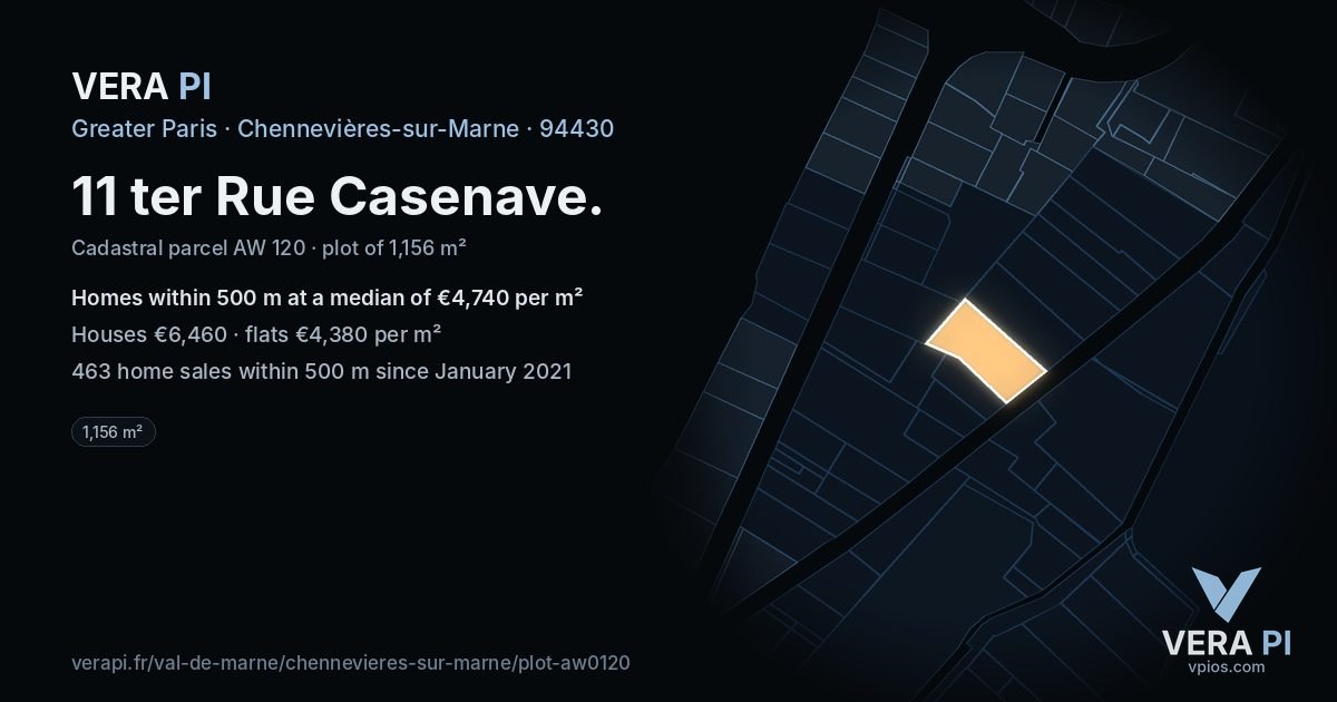 11 ter Rue Casenave, Chennevières-sur-Marne at night – the plot lit, the parcels around coloured by the prices near them