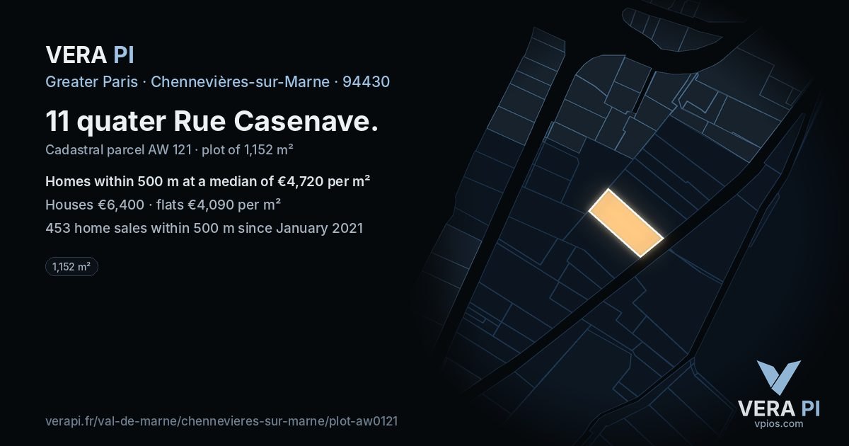 11 quater Rue Casenave, Chennevières-sur-Marne at night – the plot lit, the parcels around coloured by the prices near them