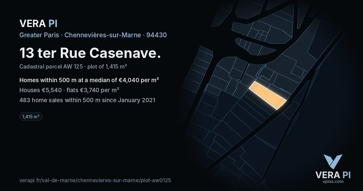 13 ter Rue Casenave, Chennevières-sur-Marne at night – the plot lit, the parcels around coloured by the prices near them