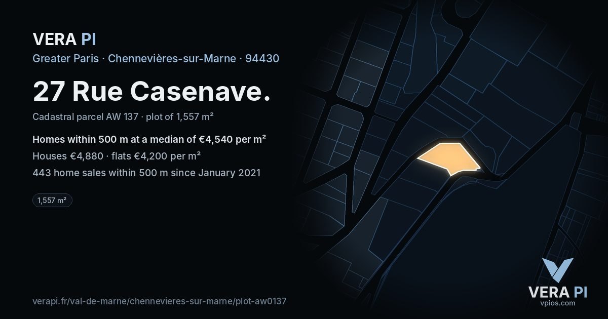 27 Rue Casenave, Chennevières-sur-Marne at night – the plot lit, the parcels around coloured by the prices near them