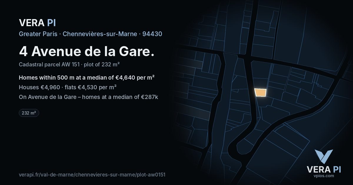 4 Avenue de la Gare, Chennevières-sur-Marne at night – the plot lit, the parcels around coloured by the prices near them