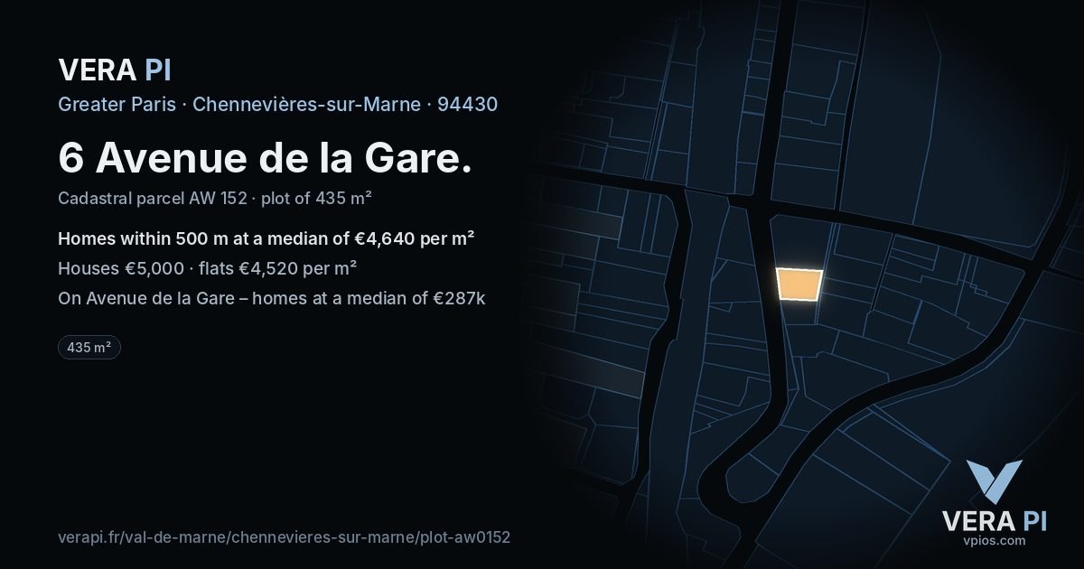 6 Avenue de la Gare, Chennevières-sur-Marne at night – the plot lit, the parcels around coloured by the prices near them