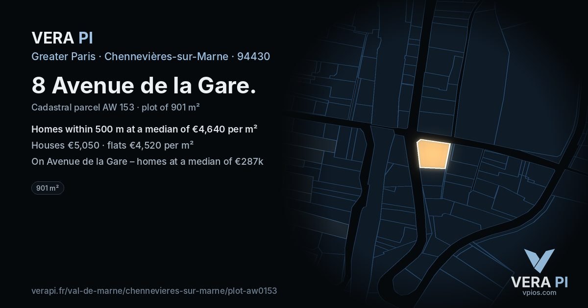 8 Avenue de la Gare, Chennevières-sur-Marne at night – the plot lit, the parcels around coloured by the prices near them