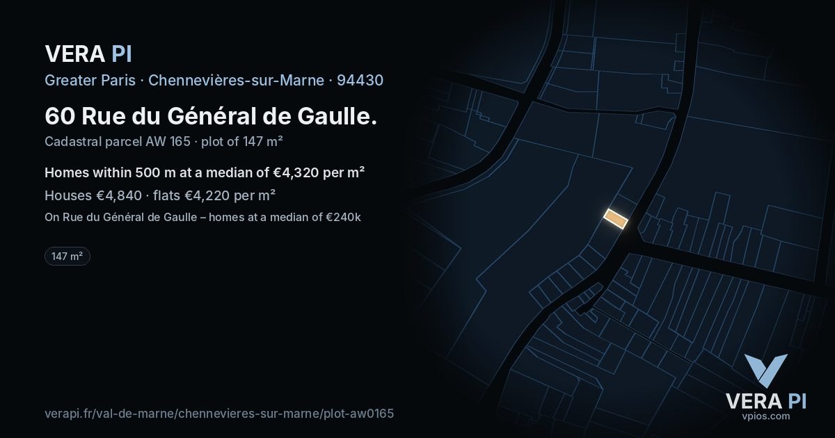 60 Rue du Général de Gaulle, Chennevières-sur-Marne at night – the plot lit, the parcels around coloured by the prices near them