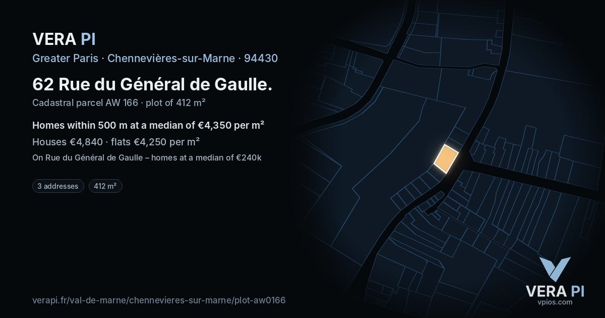 62 Rue du Général de Gaulle, Chennevières-sur-Marne at night – the plot lit, the parcels around coloured by the prices near them