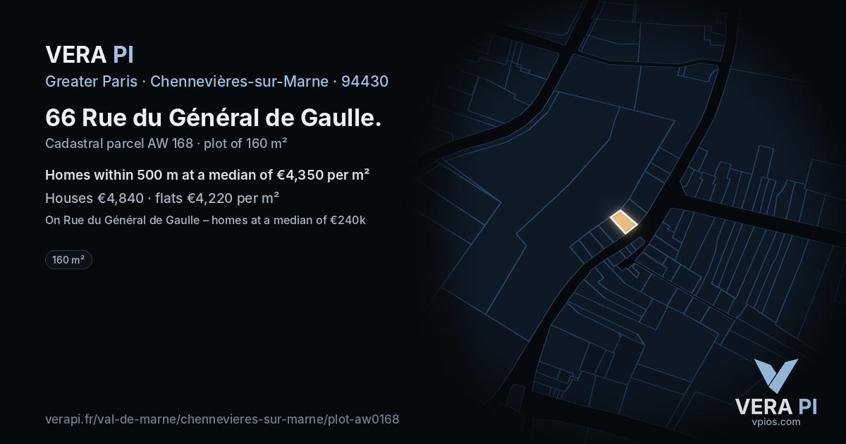 66 Rue du Général de Gaulle, Chennevières-sur-Marne at night – the plot lit, the parcels around coloured by the prices near them