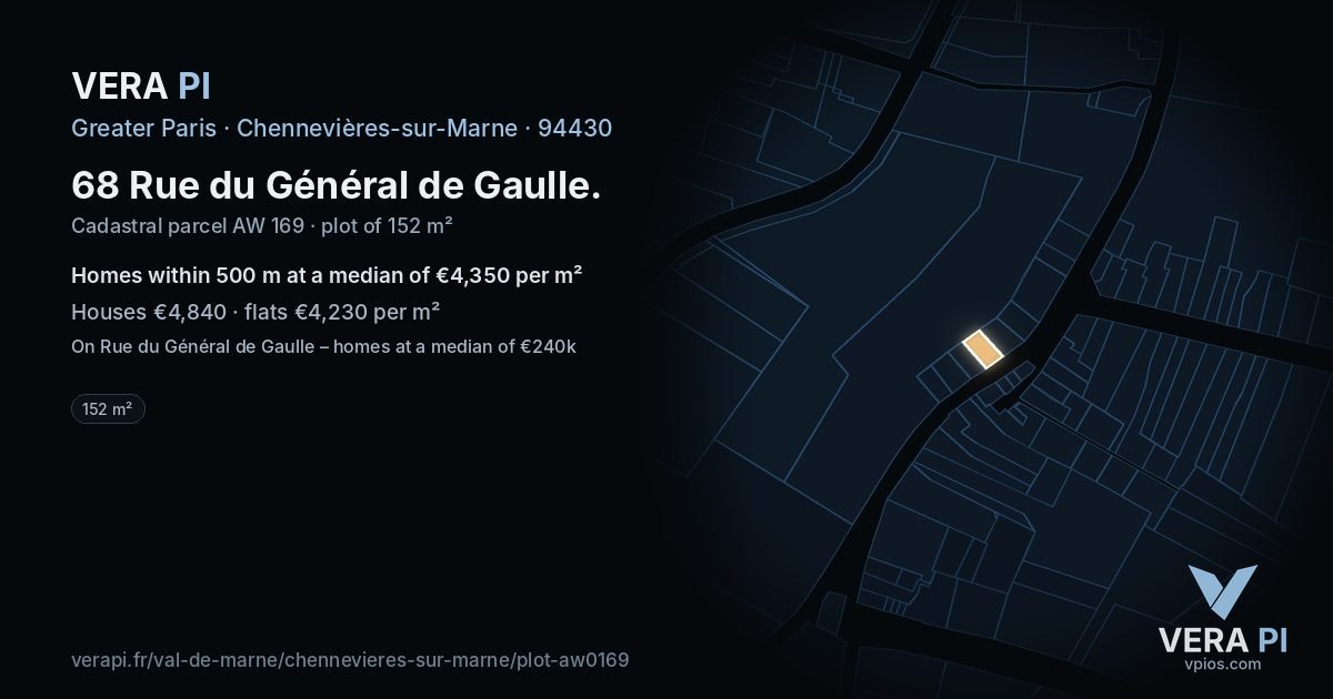 68 Rue du Général de Gaulle, Chennevières-sur-Marne at night – the plot lit, the parcels around coloured by the prices near them