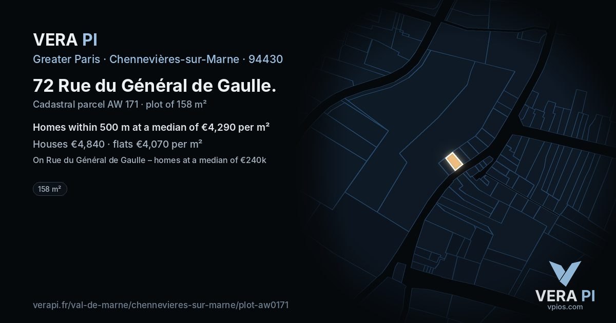 72 Rue du Général de Gaulle, Chennevières-sur-Marne at night – the plot lit, the parcels around coloured by the prices near them