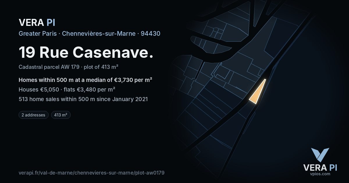 19 Rue Casenave, Chennevières-sur-Marne at night – the plot lit, the parcels around coloured by the prices near them