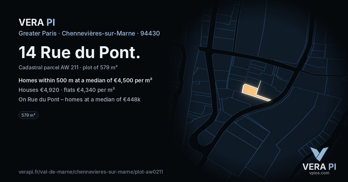14 Rue du Pont, Chennevières-sur-Marne at night – the plot lit, the parcels around coloured by the prices near them