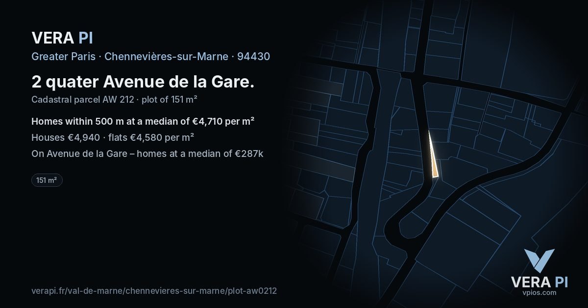 2 quater Avenue de la Gare, Chennevières-sur-Marne at night – the plot lit, the parcels around coloured by the prices near them
