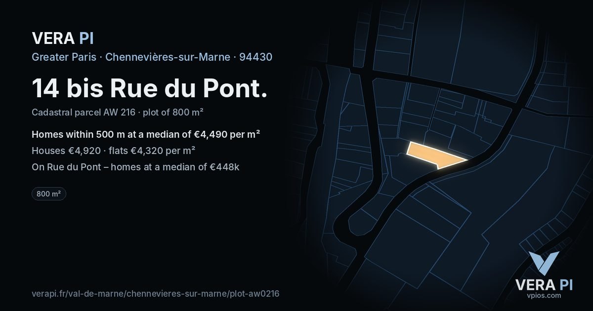 14 bis Rue du Pont, Chennevières-sur-Marne at night – the plot lit, the parcels around coloured by the prices near them