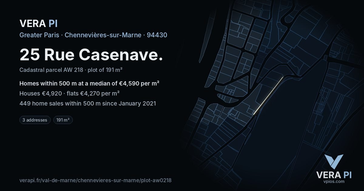 25 Rue Casenave, Chennevières-sur-Marne at night – the plot lit, the parcels around coloured by the prices near them