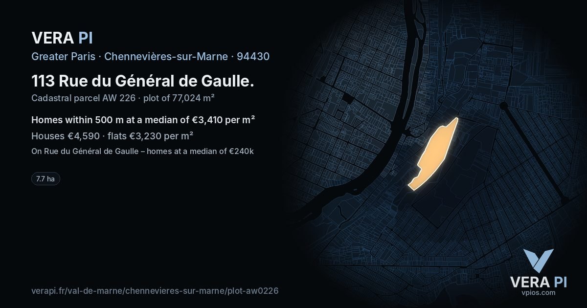 113 Rue du Général de Gaulle, Chennevières-sur-Marne at night – the plot lit, the parcels around coloured by the prices near them