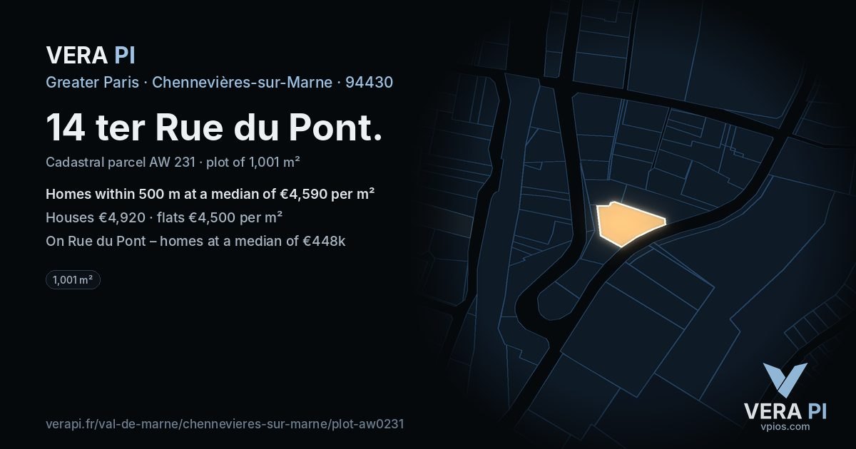 14 ter Rue du Pont, Chennevières-sur-Marne at night – the plot lit, the parcels around coloured by the prices near them