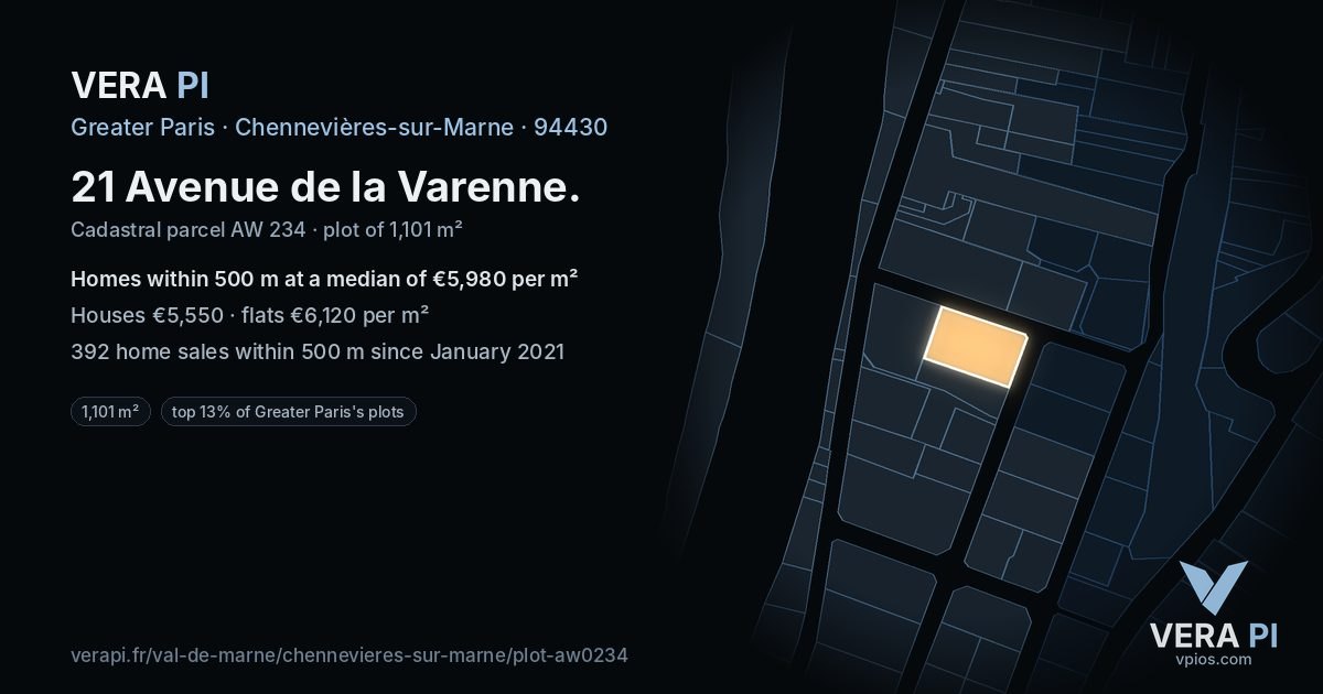 21 Avenue de la Varenne, Chennevières-sur-Marne at night – the plot lit, the parcels around coloured by the prices near them