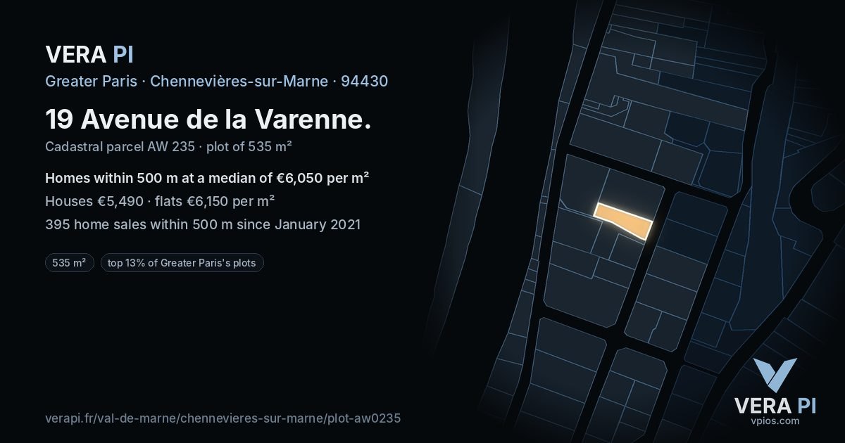 19 Avenue de la Varenne, Chennevières-sur-Marne at night – the plot lit, the parcels around coloured by the prices near them