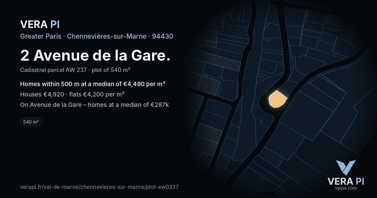 2 Avenue de la Gare, Chennevières-sur-Marne at night – the plot lit, the parcels around coloured by the prices near them