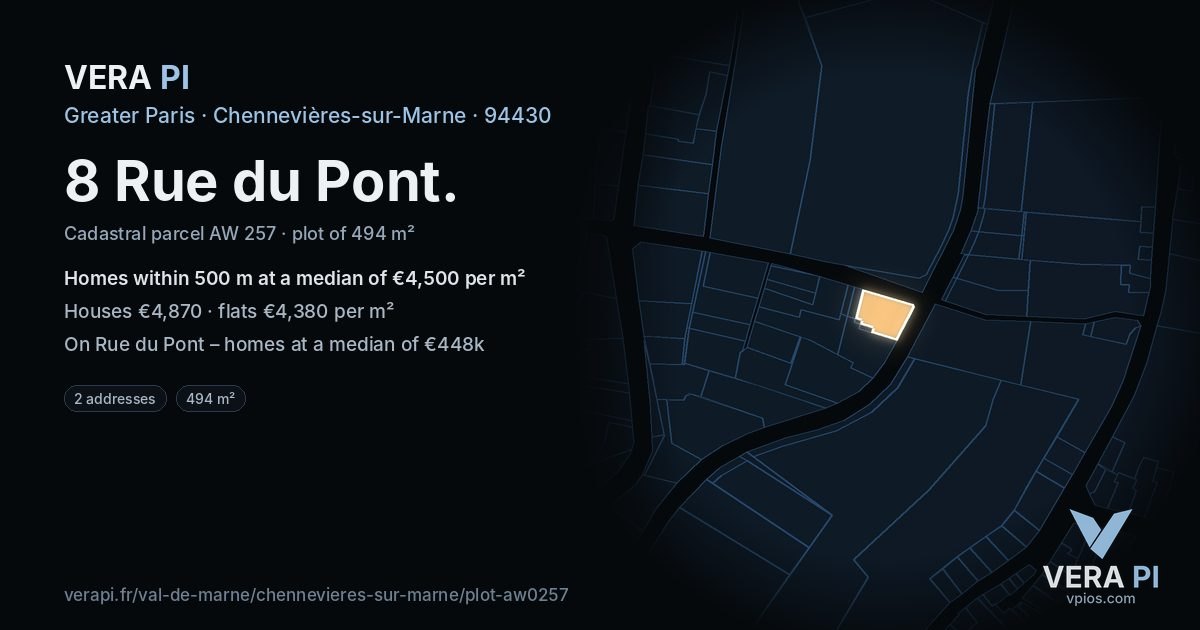 8 Rue du Pont, Chennevières-sur-Marne at night – the plot lit, the parcels around coloured by the prices near them
