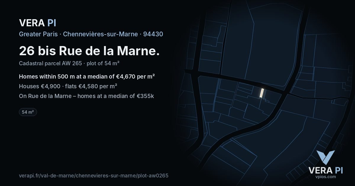 26 bis Rue de la Marne, Chennevières-sur-Marne at night – the plot lit, the parcels around coloured by the prices near them