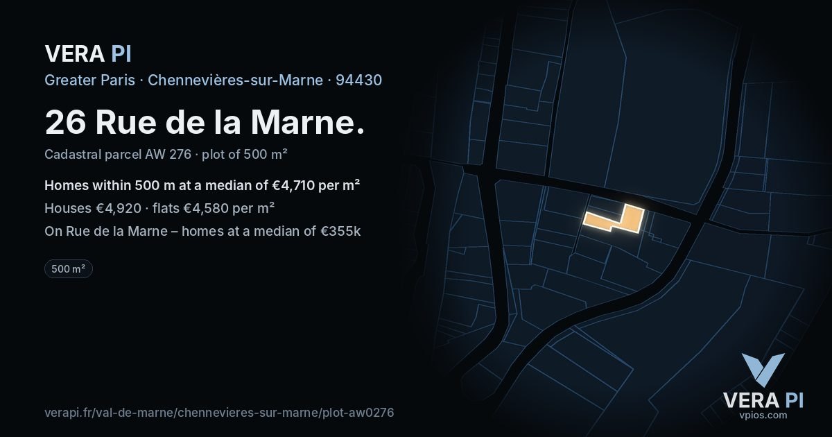 26 Rue de la Marne, Chennevières-sur-Marne at night – the plot lit, the parcels around coloured by the prices near them