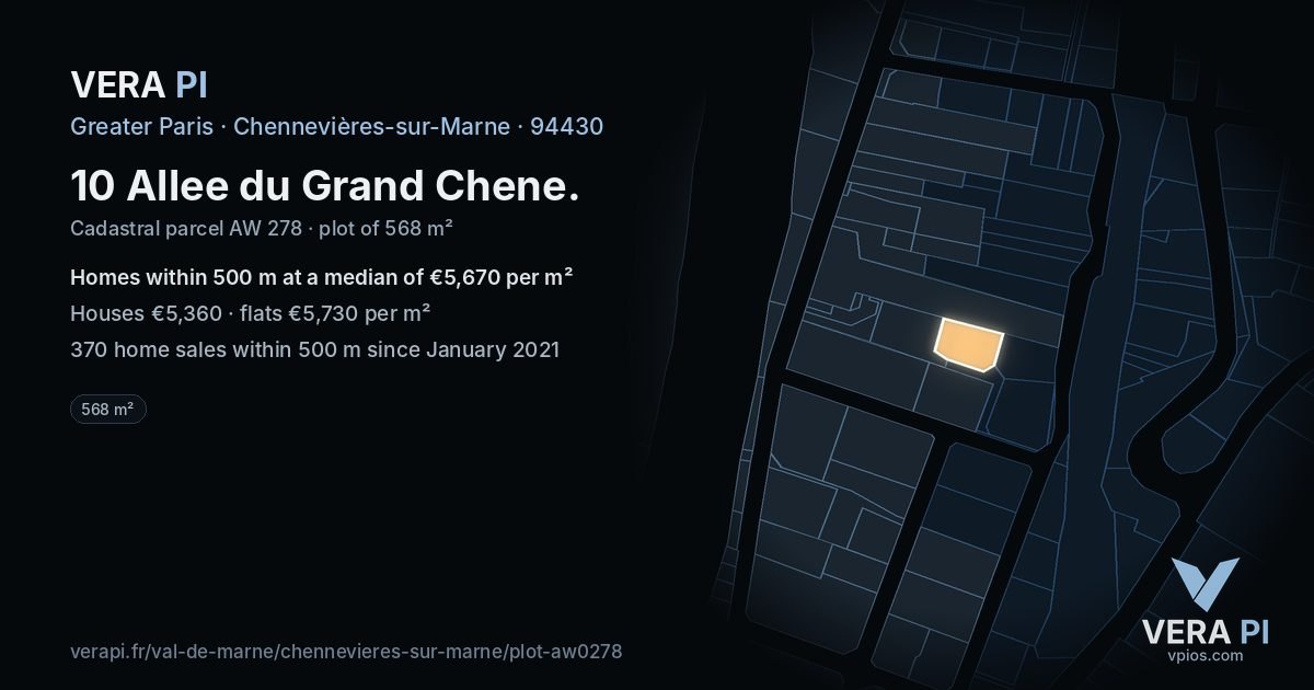 10 Allee du Grand Chene, Chennevières-sur-Marne at night – the plot lit, the parcels around coloured by the prices near them
