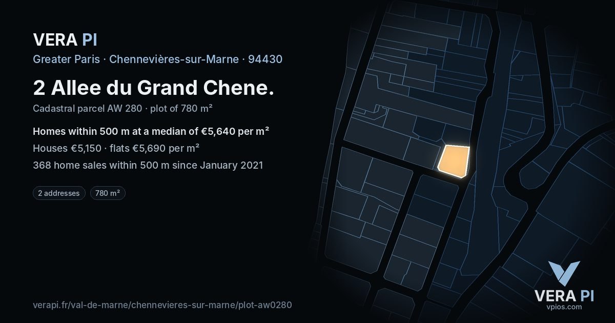 2 Allee du Grand Chene, Chennevières-sur-Marne at night – the plot lit, the parcels around coloured by the prices near them