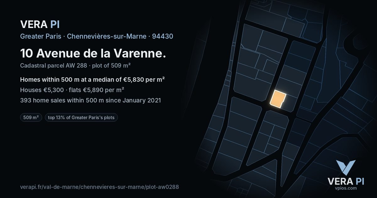 10 Avenue de la Varenne, Chennevières-sur-Marne at night – the plot lit, the parcels around coloured by the prices near them