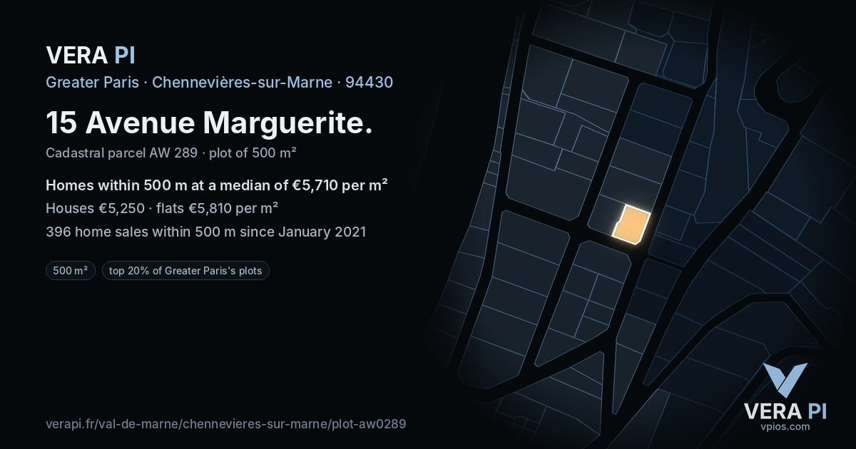 15 Avenue Marguerite, Chennevières-sur-Marne at night – the plot lit, the parcels around coloured by the prices near them