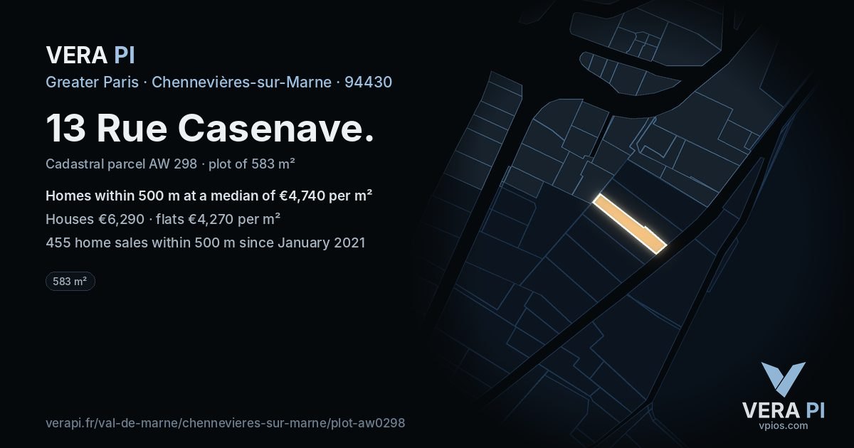 13 Rue Casenave, Chennevières-sur-Marne at night – the plot lit, the parcels around coloured by the prices near them