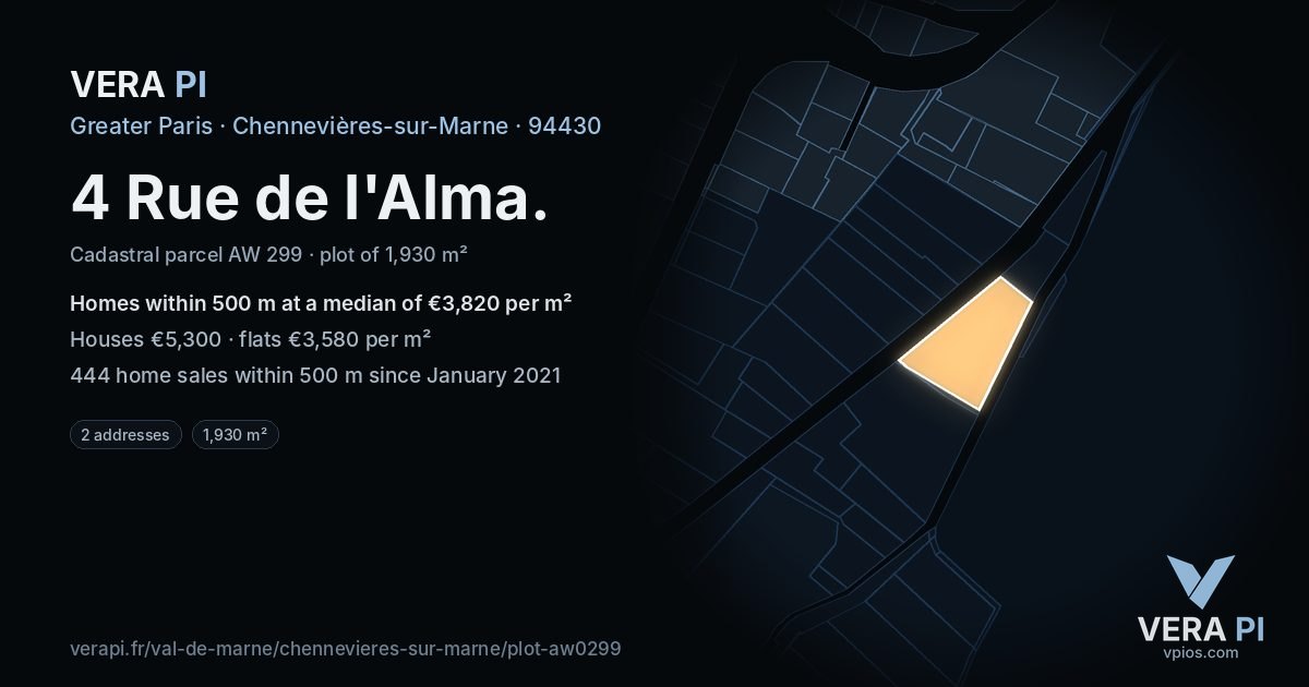 4 Rue de l'Alma, Chennevières-sur-Marne at night – the plot lit, the parcels around coloured by the prices near them