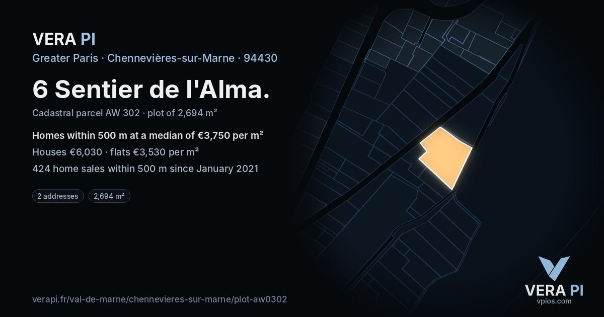 6 Sentier de l'Alma, Chennevières-sur-Marne at night – the plot lit, the parcels around coloured by the prices near them