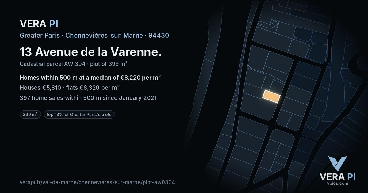 13 Avenue de la Varenne, Chennevières-sur-Marne at night – the plot lit, the parcels around coloured by the prices near them