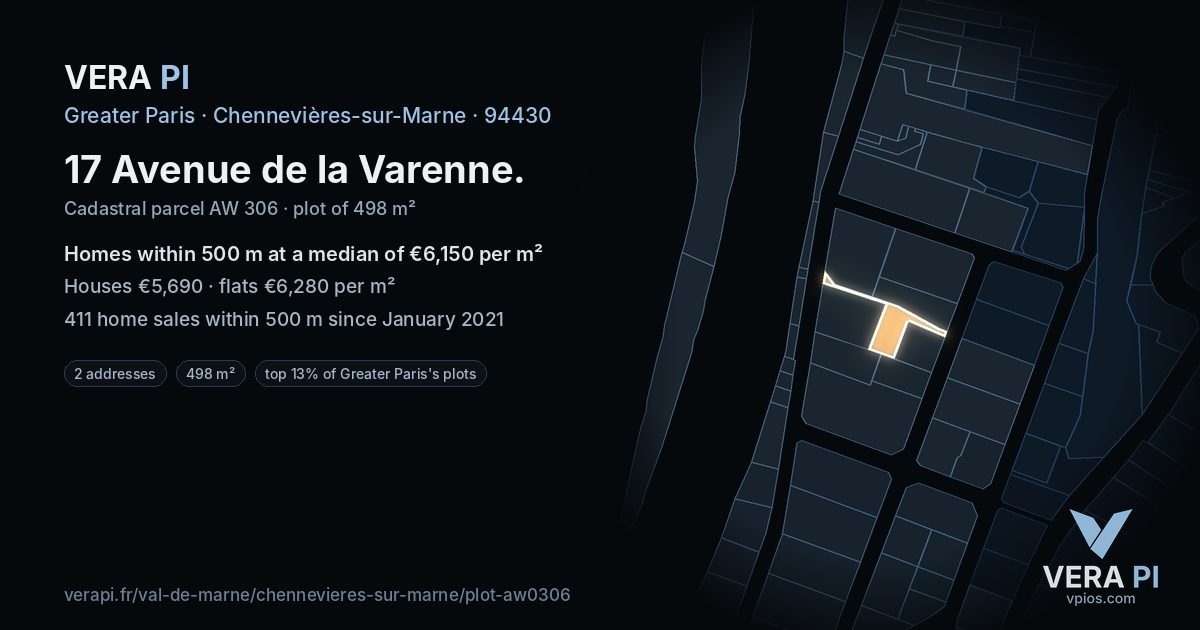 17 Avenue de la Varenne, Chennevières-sur-Marne at night – the plot lit, the parcels around coloured by the prices near them