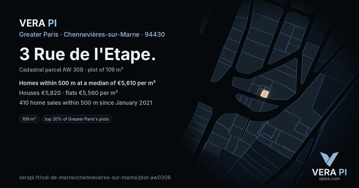 3 Rue de l'Etape, Chennevières-sur-Marne at night – the plot lit, the parcels around coloured by the prices near them