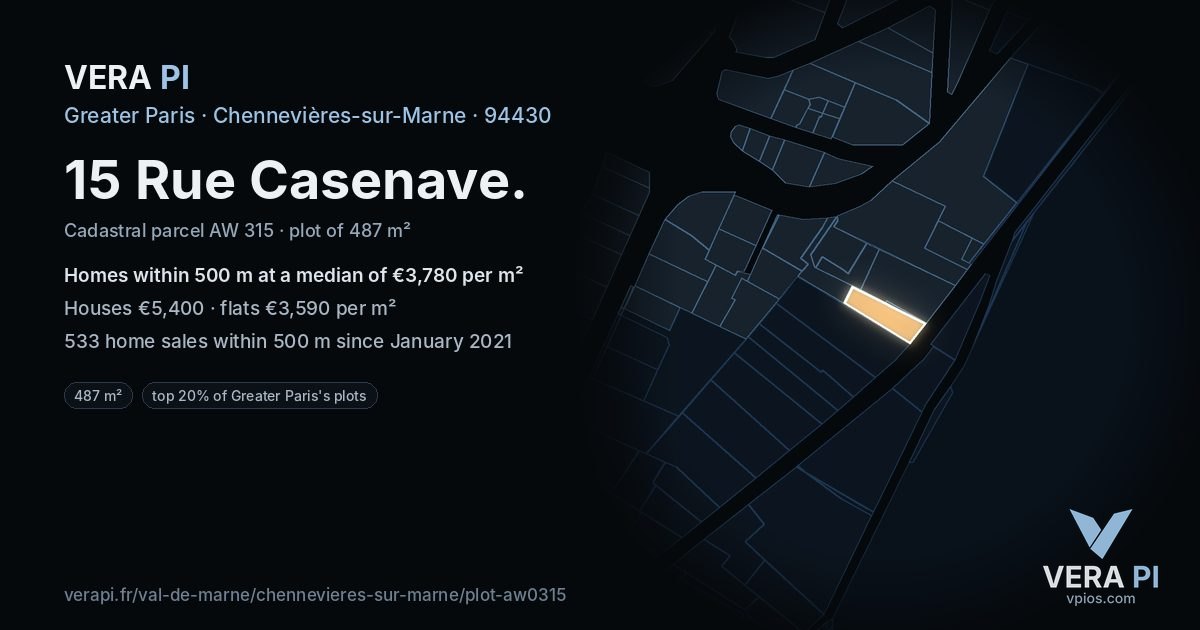 15 Rue Casenave, Chennevières-sur-Marne at night – the plot lit, the parcels around coloured by the prices near them