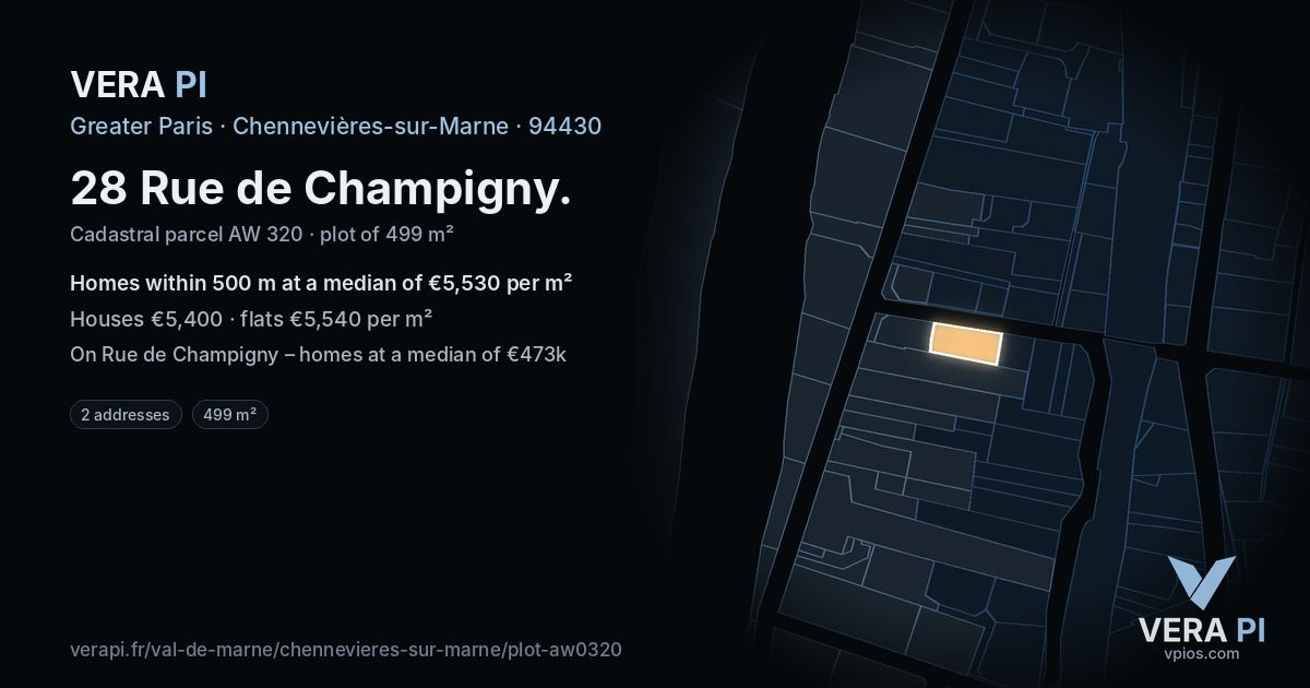 28 Rue de Champigny, Chennevières-sur-Marne at night – the plot lit, the parcels around coloured by the prices near them