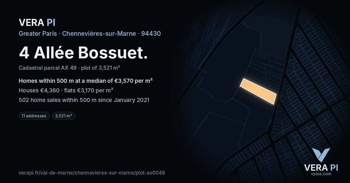 4 Allée Bossuet, Chennevières-sur-Marne at night – the plot lit, the parcels around coloured by the prices near them