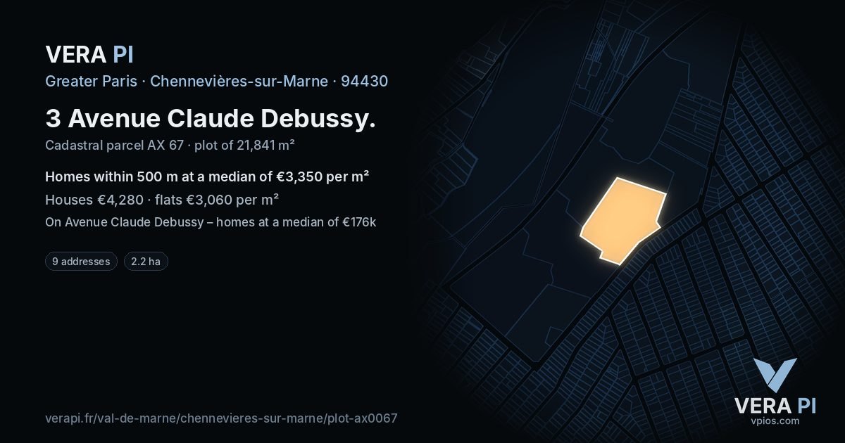3 Avenue Claude Debussy, Chennevières-sur-Marne at night – the plot lit, the parcels around coloured by the prices near them