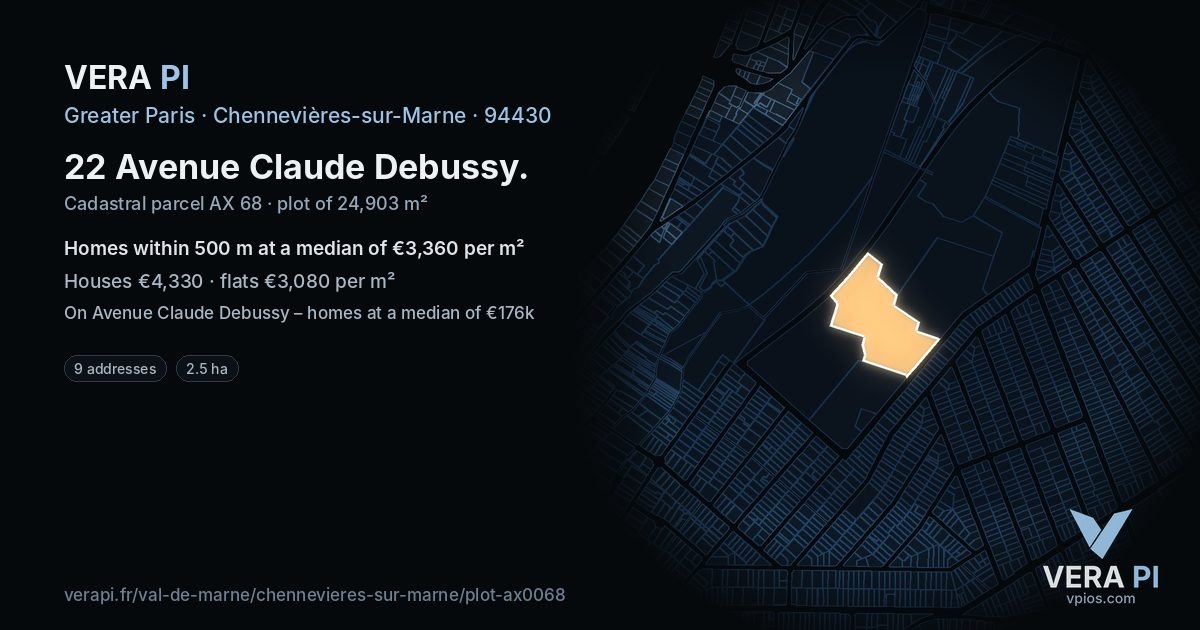 22 Avenue Claude Debussy, Chennevières-sur-Marne at night – the plot lit, the parcels around coloured by the prices near them