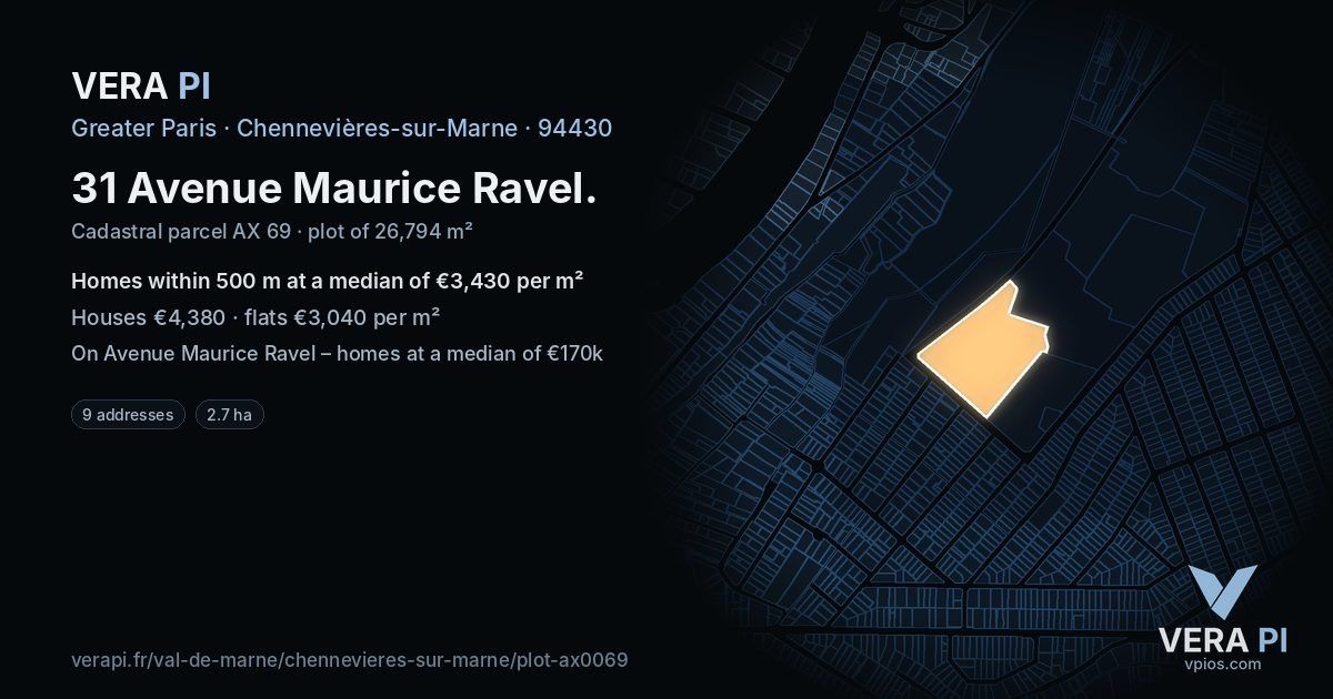 31 Avenue Maurice Ravel, Chennevières-sur-Marne at night – the plot lit, the parcels around coloured by the prices near them