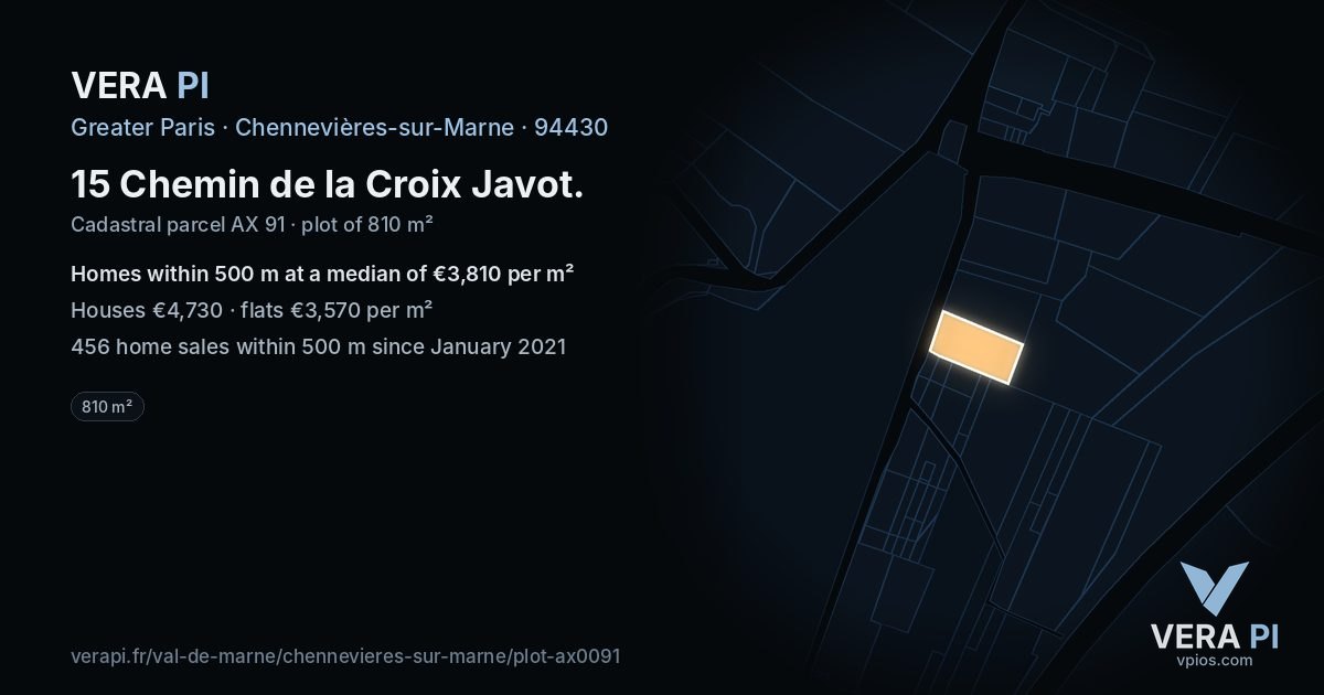 15 Chemin de la Croix Javot, Chennevières-sur-Marne at night – the plot lit, the parcels around coloured by the prices near them
