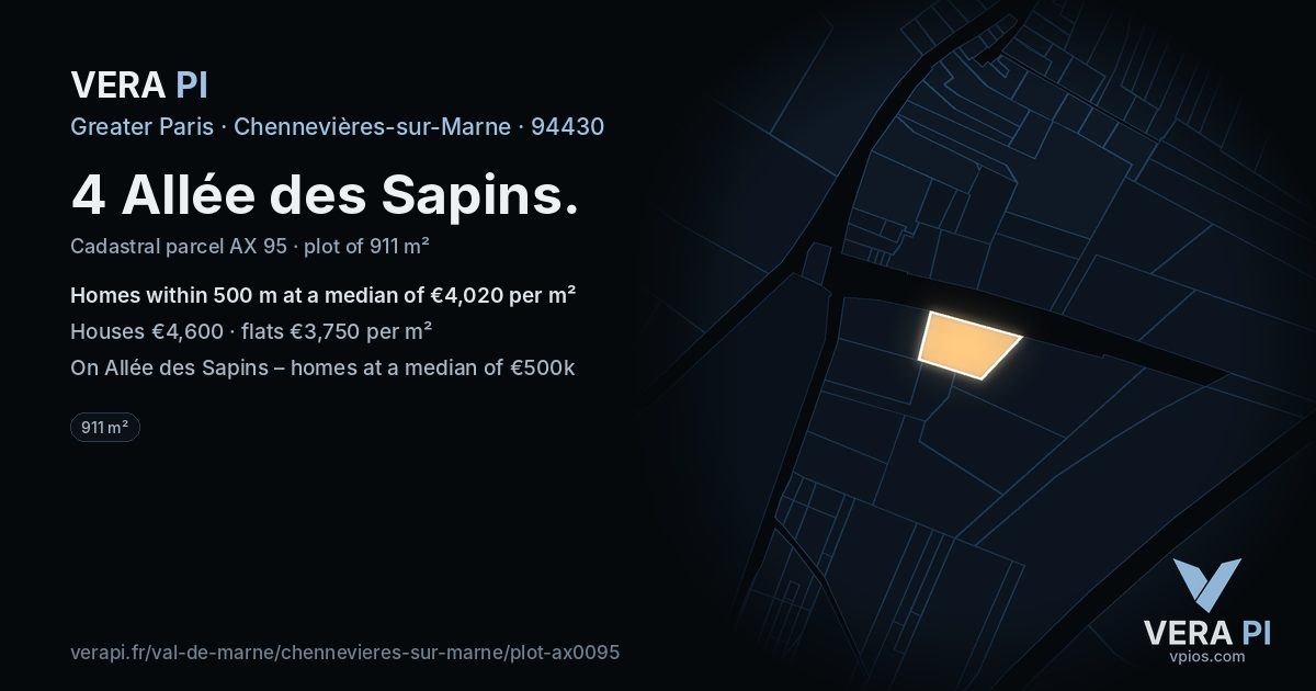 4 Allée des Sapins, Chennevières-sur-Marne at night – the plot lit, the parcels around coloured by the prices near them
