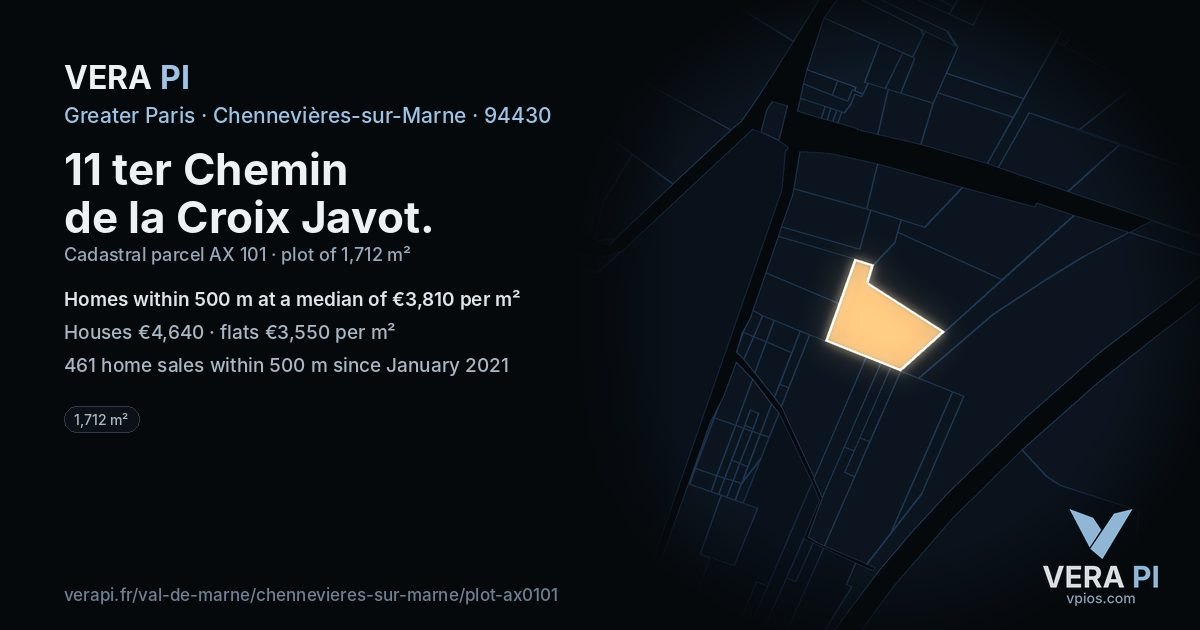 11 ter Chemin de la Croix Javot, Chennevières-sur-Marne at night – the plot lit, the parcels around coloured by the prices near them