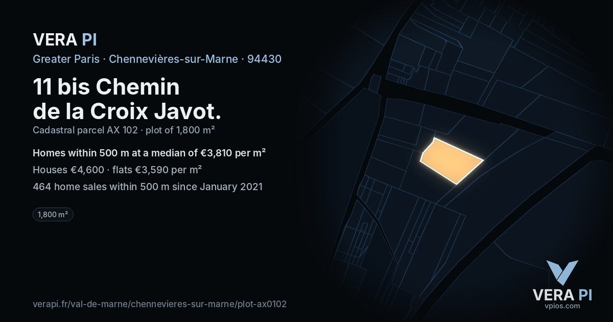 11 bis Chemin de la Croix Javot, Chennevières-sur-Marne at night – the plot lit, the parcels around coloured by the prices near them