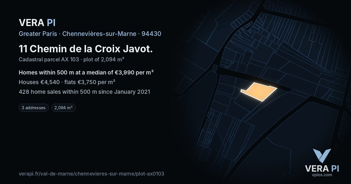 11 Chemin de la Croix Javot, Chennevières-sur-Marne at night – the plot lit, the parcels around coloured by the prices near them