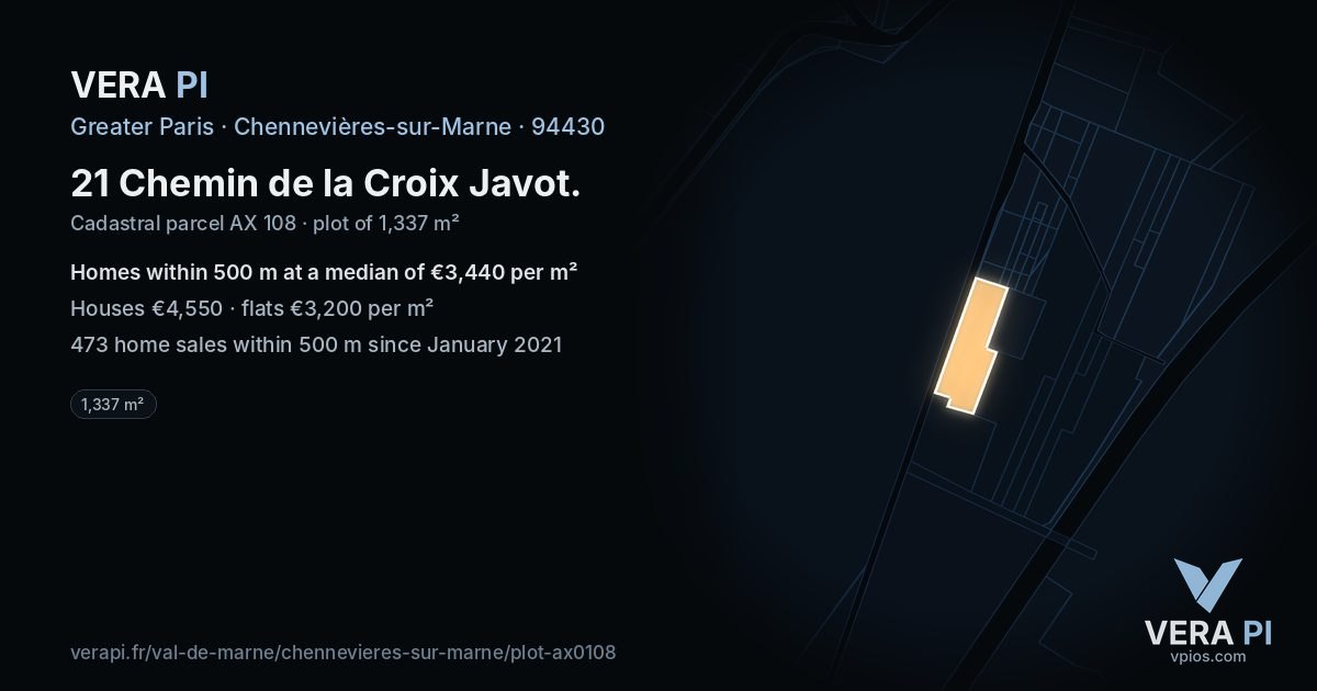 21 Chemin de la Croix Javot, Chennevières-sur-Marne at night – the plot lit, the parcels around coloured by the prices near them
